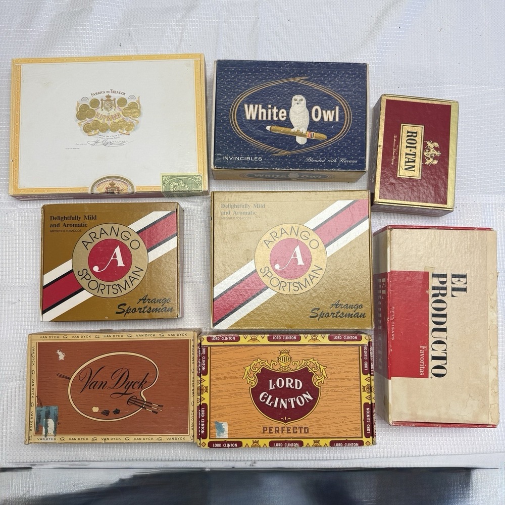 8 Vtg cigar box Mixed lot White Owl Van Dyke Fabrica De‎ Tabacos Wood Cardboard